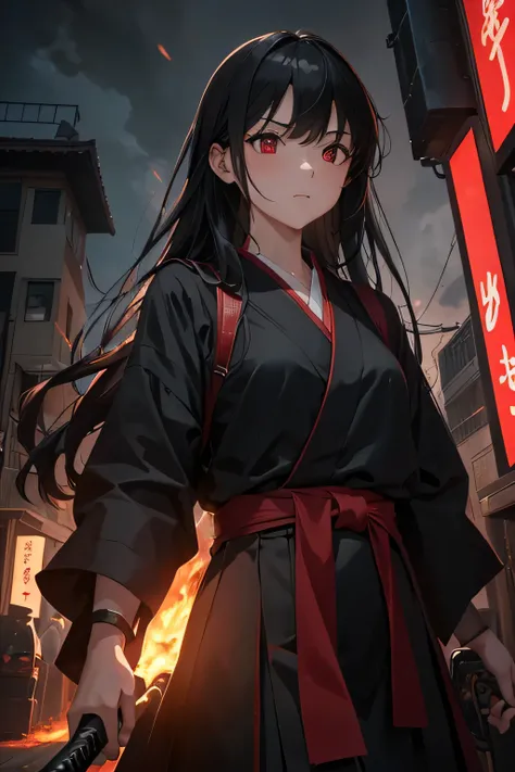 1girl, japanese schoolgirl, she has straight long black hair, red eyes and and evil determined look. She wears a black and red modern japanese school uniform and a long black coat. Walking down the street. Holding a katana in the hand. The katana is covere...