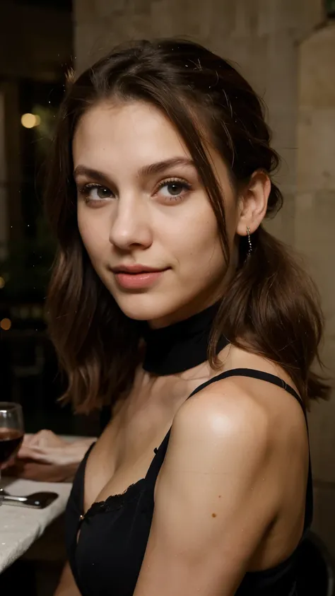 20 years old, Italian, girl, same face, cute face, slim body, night time, black dress with cleavage around the neck , at pool party, aqua eyes, green eyes, brunette hair, pony tail, happy face, happy expression, smile