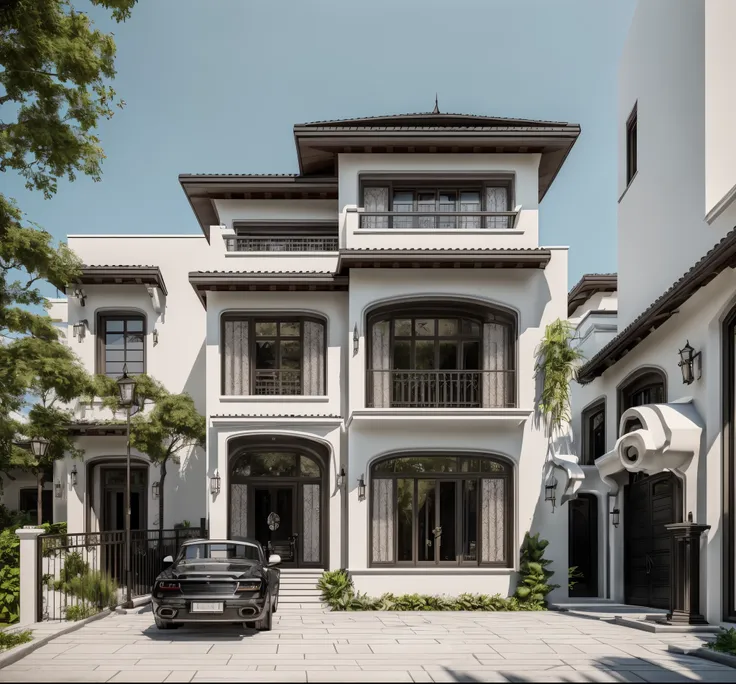 a (photorealism:1.1) drawing a architect style indochine, car parked in front of a two story building, clean linework, frontview...