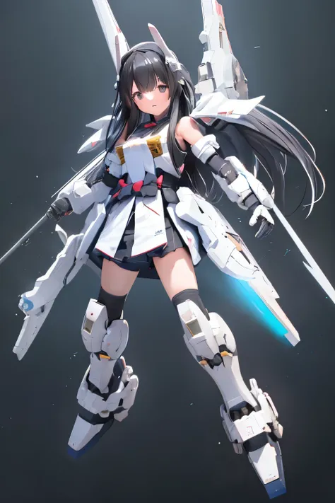 (highest quality)), ((masterpiece)), (very detailed: 1.3), 3D, {(1 young girl)}, (wear navy buruma and white gym uniform with colored hem under armor:1.2), (black hair:1.5), wears a futuristic Gundam mecha,(Heavily Armored Gundam), with headgear, with v-fi...