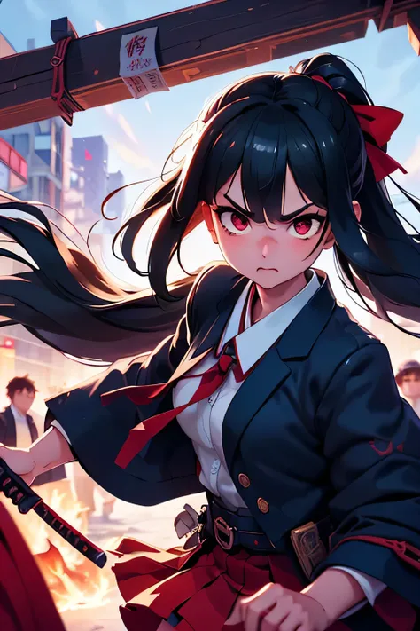 1girl, japanese schoolgirl, she has straight long black hair, red eyes and and evil determined look. She wears a black and red modern japanese school uniform and a long black coat. Walking down the street. Holding a katana in the hand. The katana is covere...