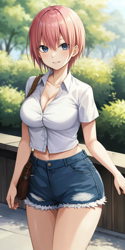 2d, masterpiece, best quality, anime, highly detailed, 1girl, solo, cowboy shot, nakano ichika, pink hair, short hair, cardigan around waist,White crop top, cleavage,Denim shorts, medium breasts, standing, outdoors, smile