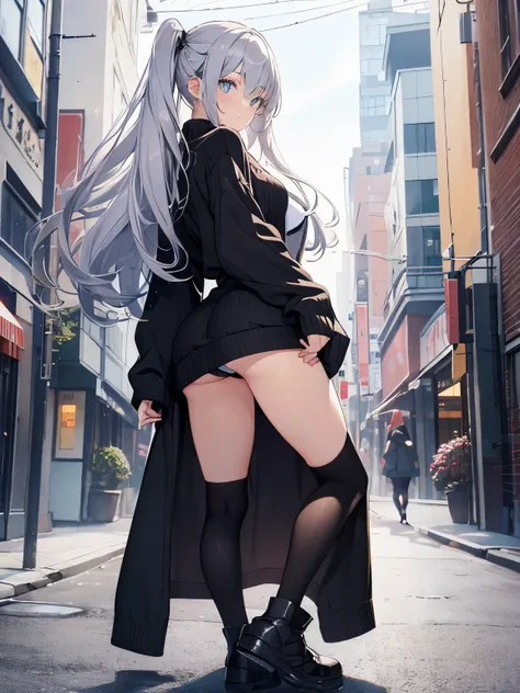 1girl. One Pose、silver hairの美少女、walk around town、back view、butt、shot from below、A sloppy smile, Close-up、butt、//Fashion Chunky Knit Sweater Dress Warm Knee Length Sweater Dress, The color is black、tight fit、
Comfortable to wear with thick knit fabric,
knee...