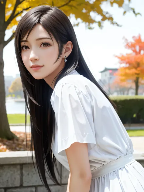 (top quality, masutepiece: 1.1), (Realistic: 1.3), BREAK (((FF7,Tifa_lockhart))),(solo,Tifa:1.2),(japanese ,oversized white shirt dress:1.3) ,(autumn, outdoor),(cute pose:1.3),Ultra-detailed face, Detailed eyes,Red eyes, BREAK (((FF7,Tifa_lockhart))),(blac...