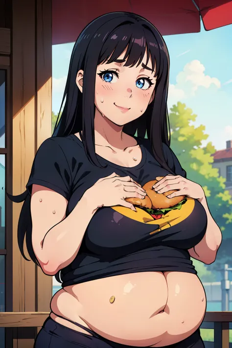 (best quality, masterpiece:1.2), 1girl, solo, cute, smile, detailed background, looking at viewer, solo focus, fast food restaurant, depth of field, (squeezing her chest:1.2), scenery, closed mouth, selling burgers, long hair, hair, blue eyes, black hair, ...