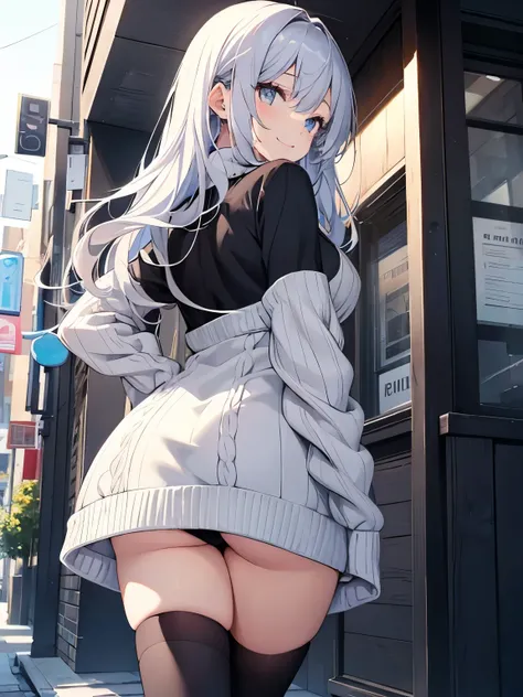 1girl. One Pose、silver hairの美少女、walk around town、back view、butt、shot from below、A sloppy smile, Close-up、butt、//Fashion Chunky Knit Sweater Dress Warm Knee Length Sweater Dress, The color is black、tight fit、
Comfortable to wear with thick knit fabric,
knee...