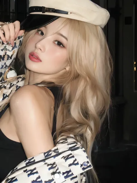 blonde woman with hat and scarf posing for a photo, parque roseanne do blackpink, lalisa manoban do blackpink, lalisa manobal, a...