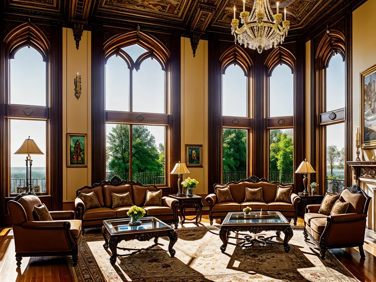 European castle living room, a soft sofa, a coffee table, vases, hanging paintings, square glass windows, wooden furniture, cabinets, intricate carvings, and oil paintings. Warm colors, award-winning masterpieces with incredible detail, large windows