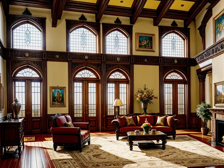 European castle living room, a soft sofa, a coffee table, vases, hanging paintings, square glass windows, wooden furniture, cabinets, intricate carvings, and oil paintings. Warm colors, award-winning masterpieces with incredible detail, large windows