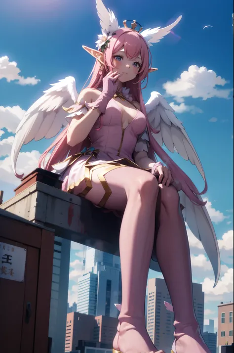 giant girl 50,000 feet high,Weight 1000kg,Has a pair of huge pink angel wings,With huge devil horns on his head,crown on head,Elf wearing pink earrings,She has long pink hair that reaches her feet,loose hair,Pink wavy long curly hair,Wearing a pair of pink...