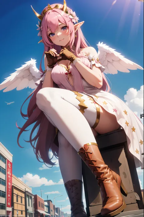 giant girl 50,000 feet high,Weight 1000kg,Has a pair of huge pink angel wings,With huge devil horns on his head,wear a crown on your head,Elf wearing pink earrings,She has long pink hair that reaches her feet,loose hair,Pink wavy long curly hair,Wearing a ...
