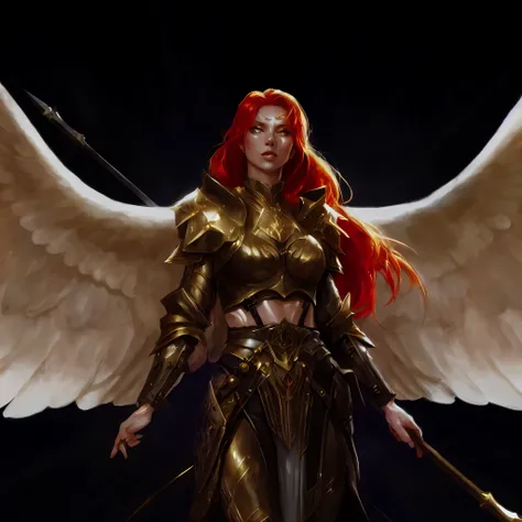 arafed woman with red hair and a sword in a gold outfit, angel knight girl, female redhead templar, angel in plastic armor, heroic fantasy character concept, angelic golden armor, epic fantasy character art, valkyrie style character, full - body majestic a...