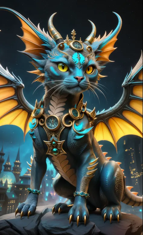 Close-up of a cat with head and wings, like a dragon, hyperdetailed fantasy character, hyper realistic fantasy monster, 4k fantasy detail, Detailed digital 2D fantasy art, fantastical creature, furry fantasy art, Detail art, hyper detailed digital art, Zbr...