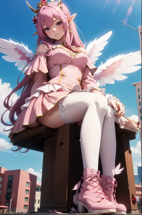 giant girl 50,000 feet high,Weight 1000kg,Has a pair of huge pink angel wings,With huge devil horns on his head,crown on head,Elf wearing pink earrings,She has long pink hair that reaches her feet,loose hair,Pink wavy long curly hair,Wearing a pair of pink...