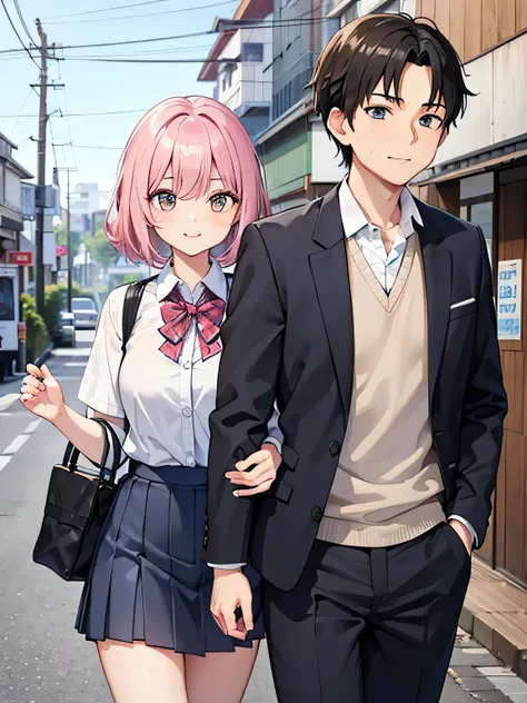 ① A male and female couple is walking hand in hand..。
②The man is around 40 years old, wearing a suit.。.。
③Female is 18 years old、She is wearing a high school uniform with a miniskirt.。.。
④The two are smiling.。
⑤The location is Ekimae Street in the morning...