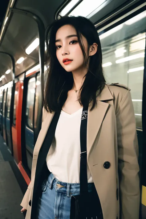 Beautiful Korean fashion model bokeh train movie photo　Im sticking out my