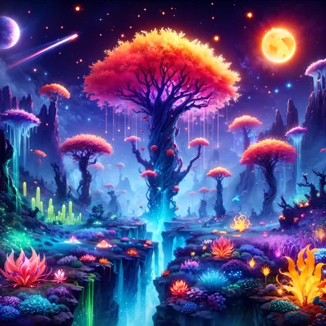 Ori and the blind forest game style,ultra-detailed, alien landscape, strange-looking trees, vibrant red grass, blue cactus,green aurora, (floating jellyfish),orange starry sky, falling star,natural giant piercing crystal pillar,ethereal blue leaves, giant ...
