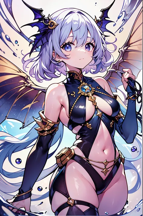 (masterpiece)、(highest quality)、(Super detailed)、(best anatomy)、official art、one girl、Lori with light-colored hair、Petite girl、Priestess of the Water Dragon、shoulders are exposed、Chest exposed、Thigh exposure、starry sky、mysterious、fantasy