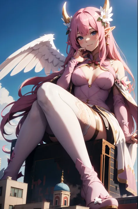 giant girl 50,000 feet high，Weight 1000kg，Has a pair of huge pink angel wings，With huge devil horns on his head，wear a crown on your head，Elf wearing pink earrings，She has long pink hair that reaches her feet，loose hair，Pink wavy long curly hair，Wearing a ...