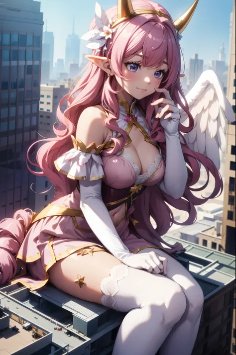 giant girl 50,000 feet high，Weight 1000kg，Has a pair of huge pink angel wings，With huge devil horns on his head，wear a crown on your head，Elf wearing pink earrings，She has long pink hair that reaches her feet，loose hair，Pink wavy long curly hair，Wearing a ...