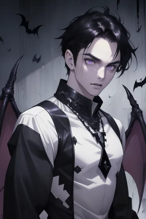 (masterpiece, best quality), 1 male, solo, adult, handsome, black hair, tall muscular guy, broad shoulders, finely detailed purple eyes and detailed face, extremely detailed CG unity 8k wallpaper, intricate details, demonic messenger, bat wings, demonic re...