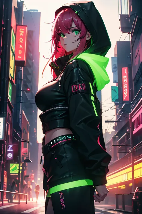 8k, realista, Cyberpunk, Escuro, Noite, green neon light city background, busty girl, long black hoodie green trim, red light streaks