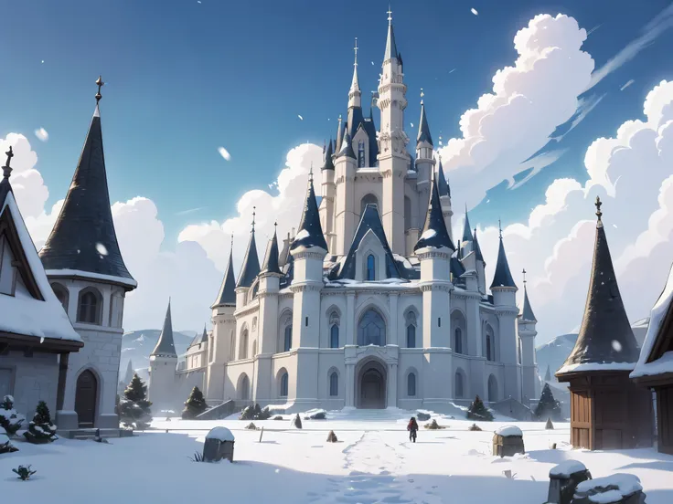 Intricate, detailed, ethereal, fanstasy castle on the top of a snowy mountain, brilliant white, glowing, surrounded by crisp air, big sky