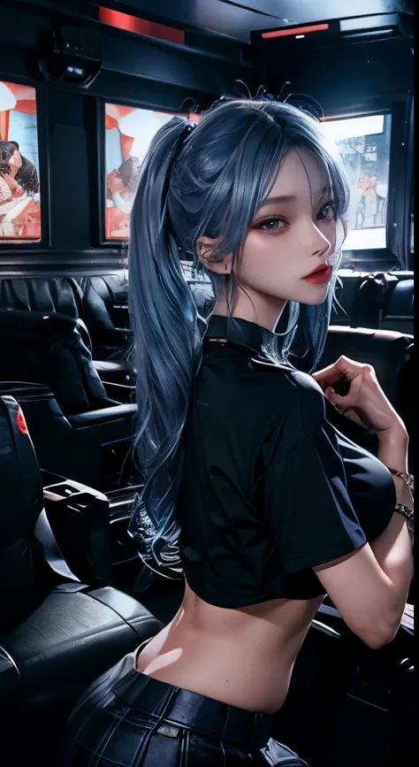 top-quality、Top image quality、​masterpiece、girl with((18year old、Best Bust、Medium bust、Bust 85,Beautiful blue eyes、Breasts wide open,Black Short Sleeve T-Shirt、White see-through、Black short skirt、Ponytail with black hair、grin、Fashionable bags、Beautiful blu...