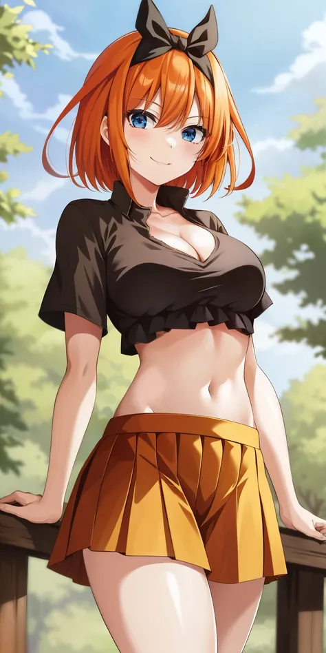 2d, masterpiece, best quality, anime, highly detailed, 1girl, solo, cowboy shot, nakano yotsuba, orange hair, hair bow, crop top, cleavage , miniskirt, medium breasts, standing, , outdoors, smile