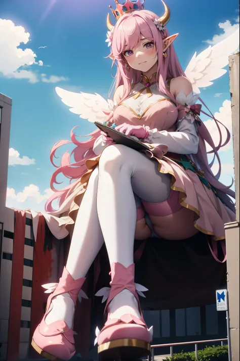 giant girl 50,000 feet high，Weight 1000kg，Has a pair of huge pink angel wings，With huge devil horns on his head，wear a crown on your head，Elf wearing pink earrings，She has long pink hair that reaches her feet，loose hair，Pink wavy long curly hair，Wearing a ...