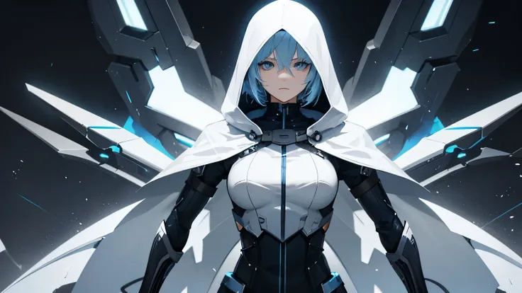 Young Short Female, Light Blue Hair, Dark Blue Eye, White Assassin Suit with Hood, Frence Revolution City Background, Sad Emotion mood, Sad, Fighting Stance, 3D, Realistic, HDR, HD, Background, RTX, 2K, Masterpiece.