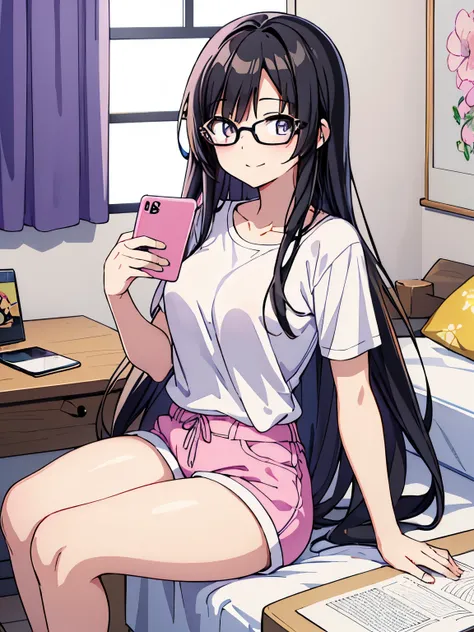 masterpiece、highest quality、very detailed、anime style illustration、beautiful girl、black hair、straight long hair、Glasses、Talking on a smartphone、smile、white t-shirt（short sleeve）、(（pastel pink hot pants）)、Room、sitting。