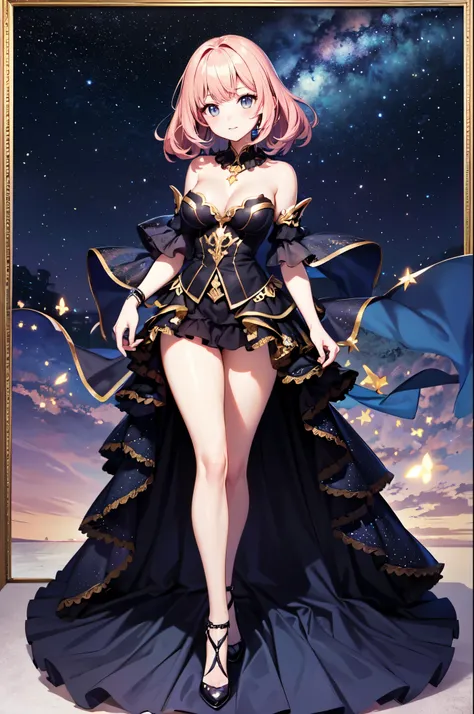 (masterpiece)、(highest quality)、(Super detailed)、(best anatomy)、official art、cute bright haired woman、shoulders are exposed、beautiful breasts、Thigh exposure、Fantastic starry sky