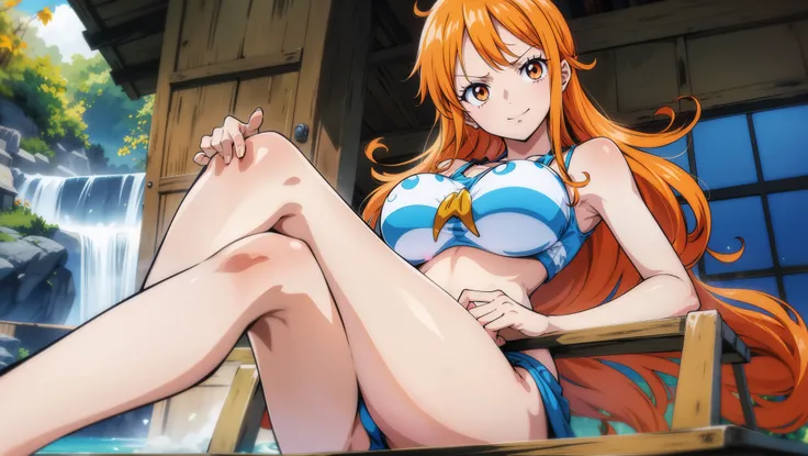 Generate a realistic anime-style image of Nami from One Piece sitting in a boat with her feet in the air. Capture your distinctive appearance with orange hair, uma camisa, and a joyful expression. Certifique-se de que a imagem reflete sua personalidade ave...