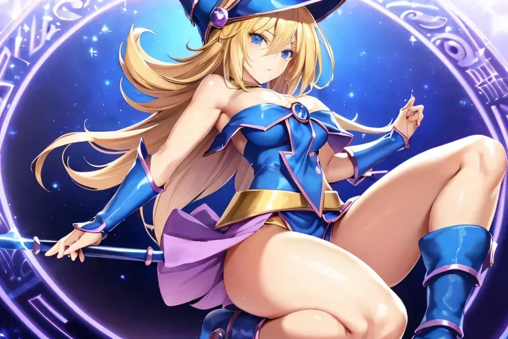 Super detailed, very detailed, masterpiece, highest quality, highest quality, confused, High resolution, dark magician girl, (1 girl:1.2), alone, detailed face, dynamic pose, hair flow, (whole body:1.1),  blonde hair, long hair, looking at the viewer, gree...