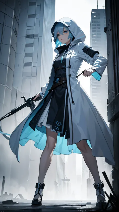 Young Short Female, Light Blue Jellyfish Hair, Dark Blue Eye, White Assassin Robe with Hood, Ruin City Background, Sad Emotion mood, Sad, Fighting Stance, 3D, Realistic, HDR, HD, Background, RTX, 2K, Masterpiece.