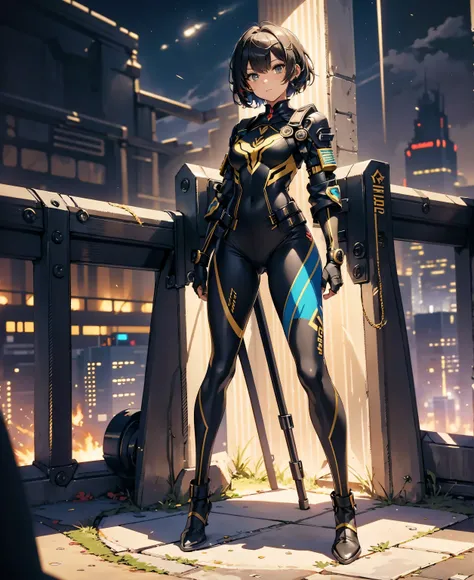 best quality，T Masterpiece，ultimate resolution，fluff，very colorful，colorful，female combatant，（Kneeling Pose）（pointing at you with his butt）mature woman，Black Super Short Hair，tight combat uniform，tight suit，Steel City Background，the night，normal posture，no...