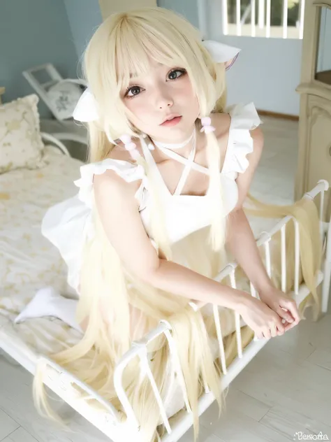 garota loira com cabelos longos, sentada em uma cama, Anime Garota Cosplay, Anime cosplay, com cabelos longos brancos, garota anime loira com cabelo comprido, com cabelos loiros muito longos, penteado com corte hime branco, twintails brancos_luvas, com lon...