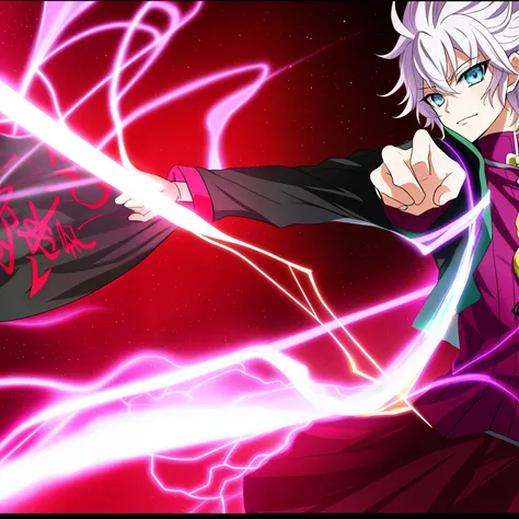 personagem de anime com cabelo roxo e um manto roxo segurando um raio, Nagito Komaeda, an epic anime of a energy man, captura de tela de um anime de 2012, he is casting a lighting spell, Jujutsu Kaisen, Nagito Komaeda from danganronpa, captura de tela do t...