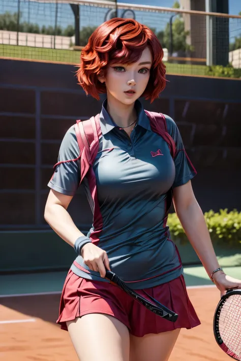 chris、25 years old、Redhead (shortcuts:1.9)、beautiful woman in long poloshirts, playing tennis, breasts, (cleavage:-1.9)