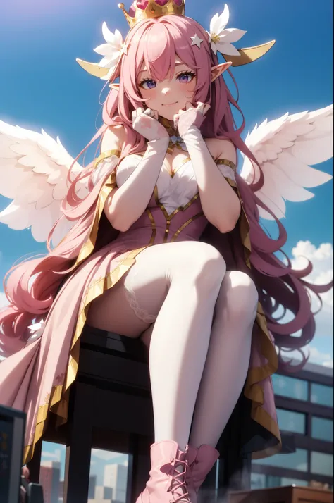 giant girl 50,000 feet high,Weight 1000kg,Has a pair of huge pink angel wings,With huge devil horns on his head,crown on head,Elf wearing pink earrings,She has long pink hair that reaches her feet,loose hair,Pink wavy long curly hair,Wearing a pair of pink...