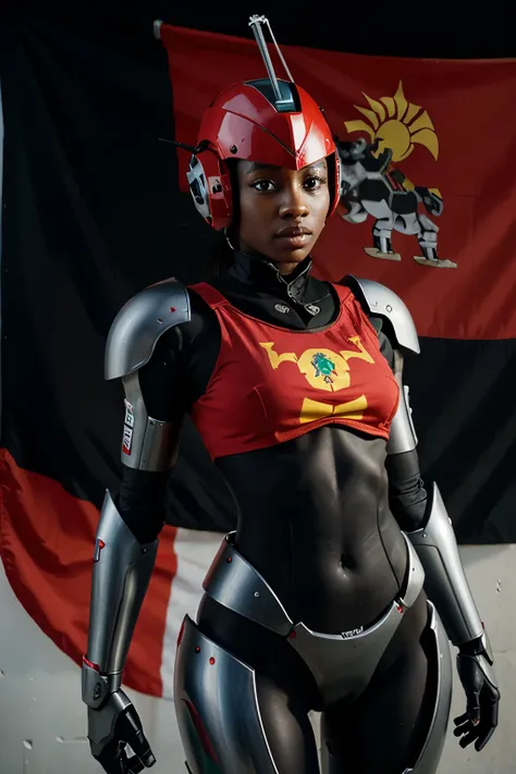 Creates an image of an epic robot holding the Angolan flag