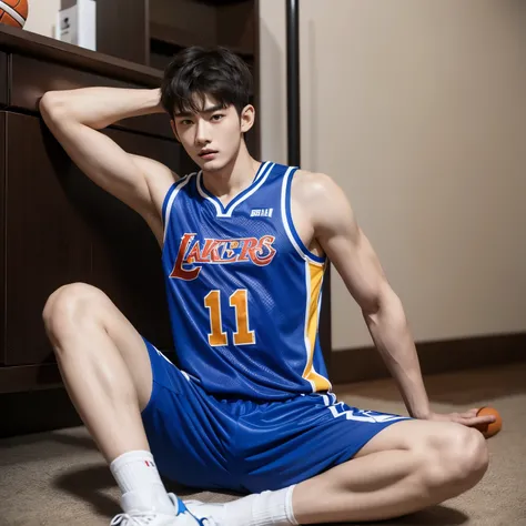 裸体，arafed man sitting on the floor with a basketball ball in his hand, cai xukun, korean muscle boy 2 1 years old, inspired by Bian Shoumin, handsome anime pose, jinyoung shin, athletic tall handsome guys, wearing basketball jersey, inspired by Zhang Han, ...