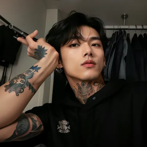 fit man with a tattoo on his arm and a cigarette in his hand, kim doyoung, imagem de perfil, pintar ulzzang, cute japanese demon...