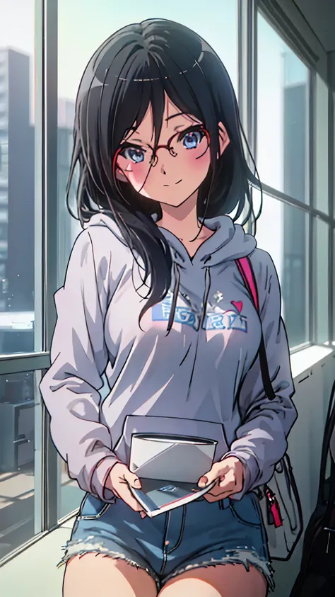 asuka tanaka, perfect face, detailed, 8k, masterpiece, (ultra high quality), gray hoodie, long sleeve hoodie, denim short, mini ...