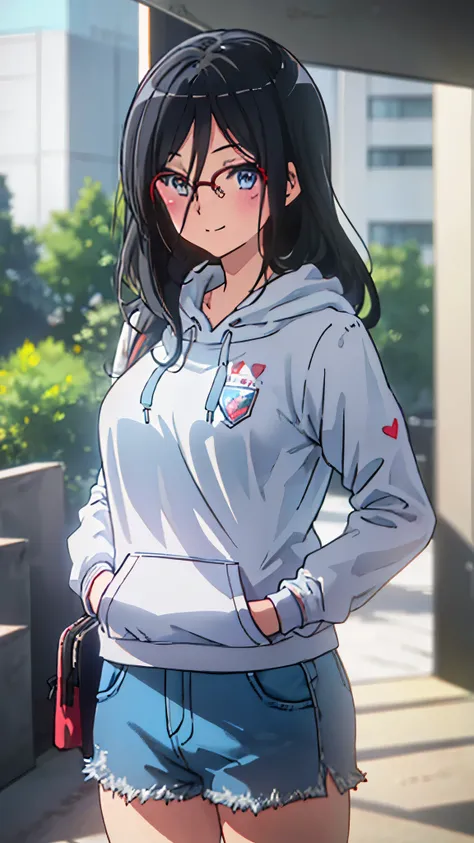 asuka tanaka, perfect face, detailed, 8k, masterpiece, (ultra high quality), gray hoodie, long sleeve hoodie, denim short, mini ...