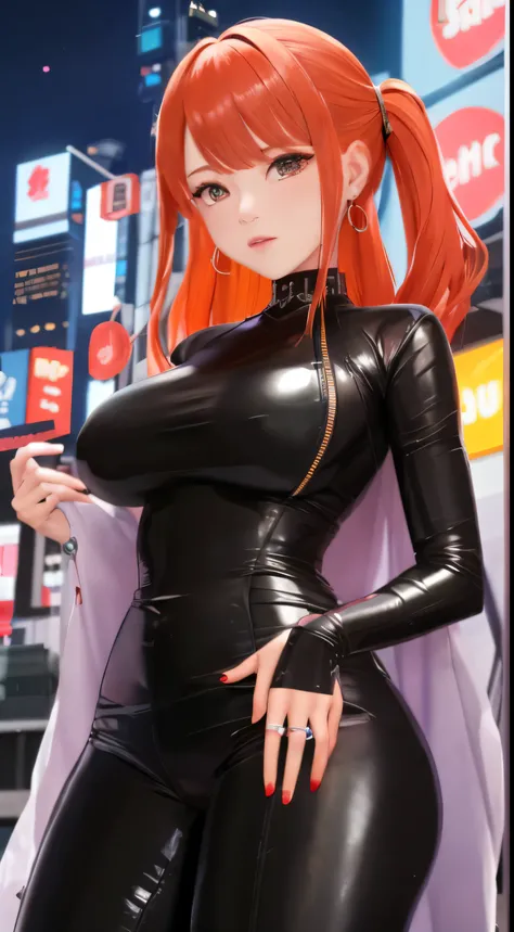 1 girl, (((bimbo))),Ring Earrings, plump lips, painted lips, thin lips. orange hair, Short ponytails, wide hips, thick thighs, latex tight pants, burst breasts Nightlife, night city, Cyberpunk-city, futuristic cityscape. neon lights, (skyscraper:1.1), toky...