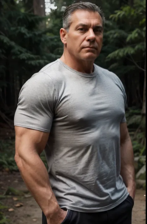 (((raw photo))),60 years old american man named alex,black hair,clean shaved,muscled,wearing gray shirt,muscle show,detailed,realistic,muscle showing pose,forest and sea background,side pose,standing