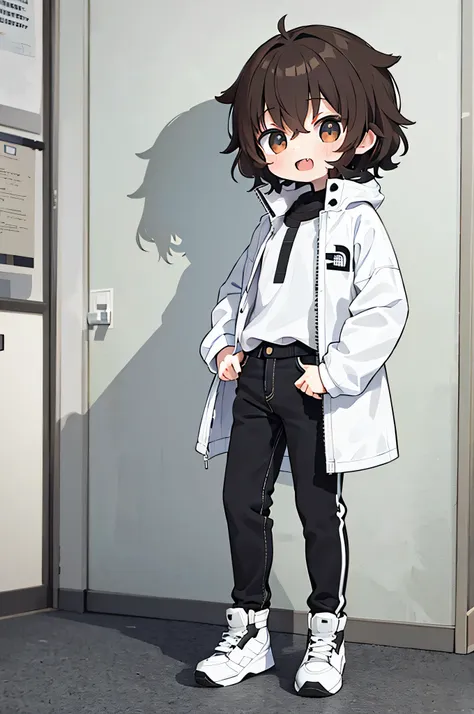 1 person, shota, short curly hair, standing, wearing the north face white and black long winter jacket, black jeans, white and b...