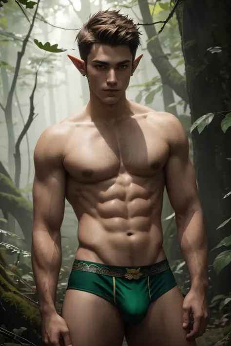 handsome teenage wild elf wearing green leaf jockstrap, very short hair with undercut, dark fantasy forest